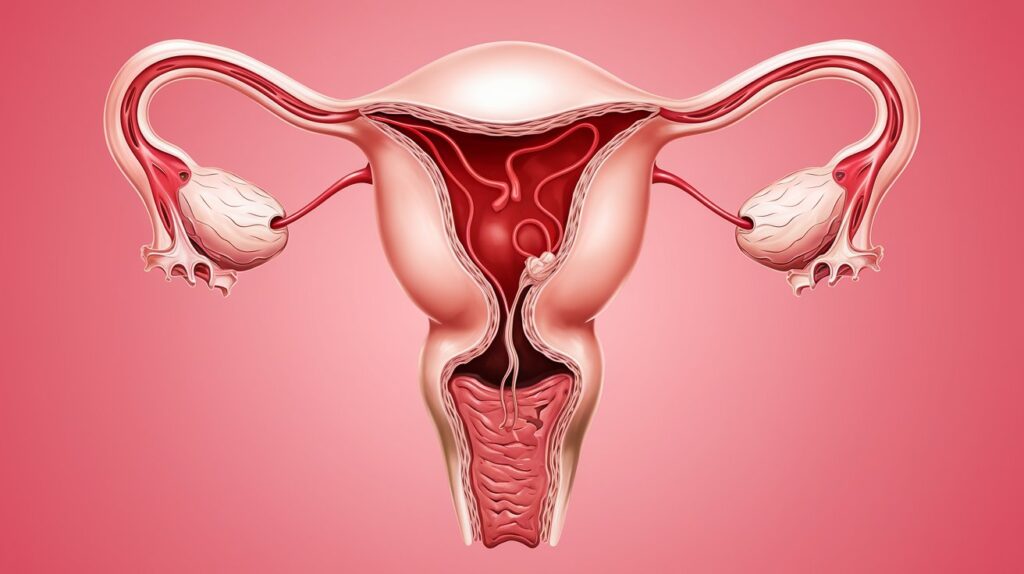 Ilustración médica del aparato reproductor femenino: útero, ovarios y endometrio