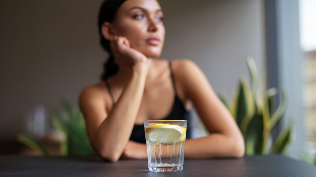 Mujer sentada a la mesa con un vaso de agua con limón
