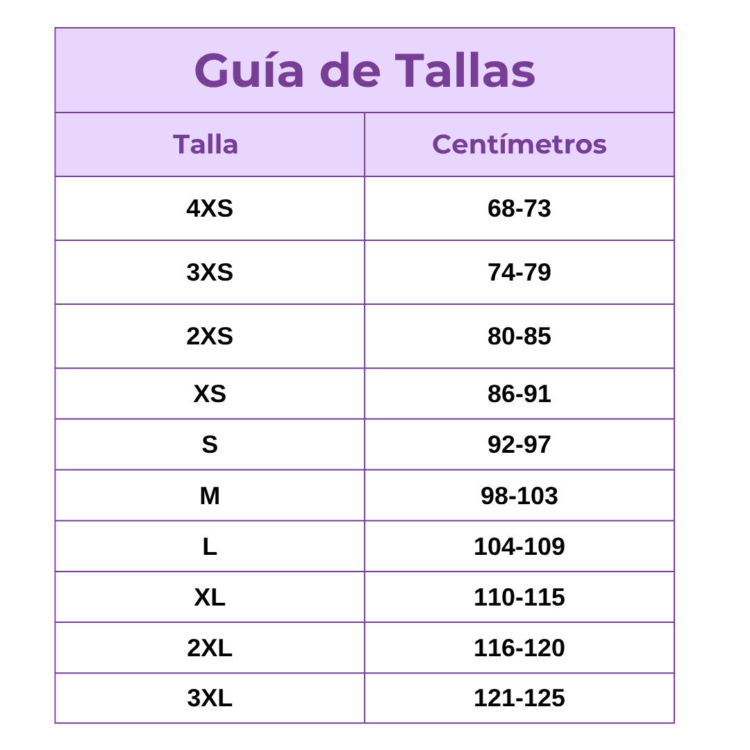 Guía de tallas: centímetros por talla, de 4XS a 3XL