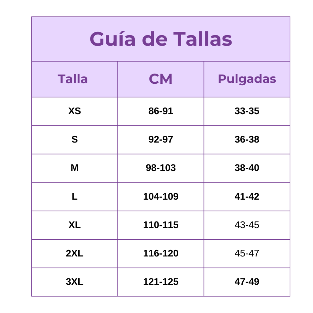 Guía de tallas: contorno de cadera en centímetros y pulgadas por talla, de XS a 3XL